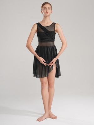 Women Sleeveless Asymmetric Chiffon Lyrical Dance Leotard Dress front image