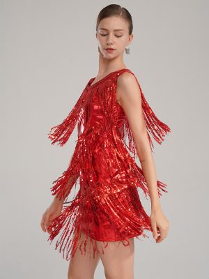 Women Sleeveless Sequin Tassels Ballroom Latin Dance Dress back image
