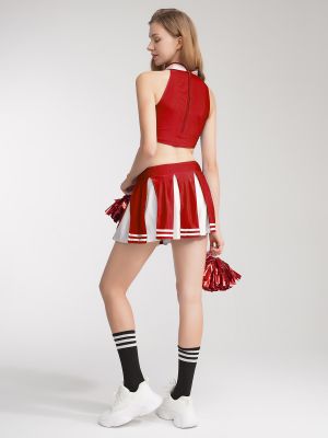 Women 2Pcs Cheerleading Costume Crop Top with Mini Pleated Skirt Set back image