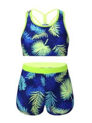 Girls Two Pieces Y-Shaped Back Top and Boyshorts Bottoms Swimsuits Set front image