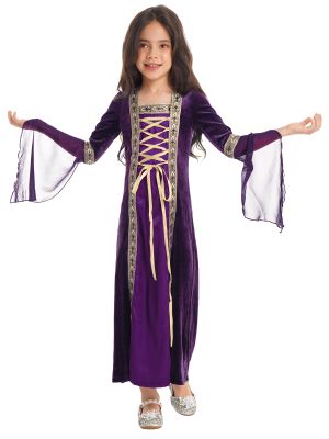 Kids Girls Long Sleeves Embroidered Vintage Renaissance Midi Dress back image