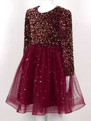 Kids Girls Christmas Sequin Velvet Tulle A-line Dress back image
