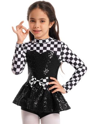 Kids Girls Racer Costume Sequin Checkerboard Printed Bodysuit back image