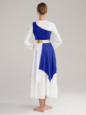 Women One Shoulder Color Block Praise Dance Dress(not include white underdress) back image