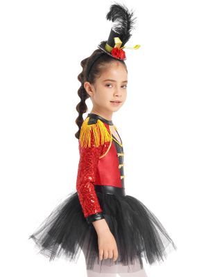 Kids Girls Sequin Tassel Epaulet Tutu Dress with Hat Magician Costume back image