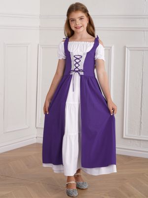 Kids Girls Medieval Renaissance Costume Short Sleeve  Ruffle Dress front image