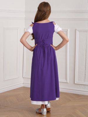 Kids Girls Medieval Renaissance Costume Short Sleeve  Ruffle Dress back image