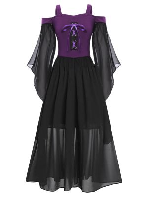 Kids Girls Cold Shoulder Halloween Medieval Renaissance Gothic Dress front image