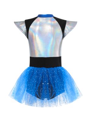 Kids Girls Alien Costume Dress Flutter Sleeve Leotard Tutu Dress back image