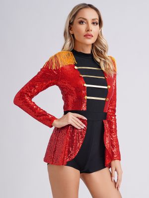 Women Colorblock Long Sleeve Sparkly Sequin Circus Ringmaster Jumpsuit back image