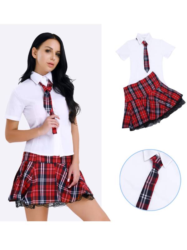 Women White Shirt and Pleated Skirt School Girl Uniform Cosplay Costume thumb