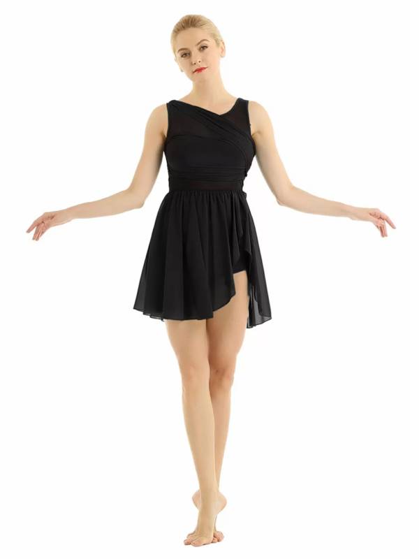 Women Sleeveless Asymmetric Chiffon Lyrical Dance Leotard Dress thumb