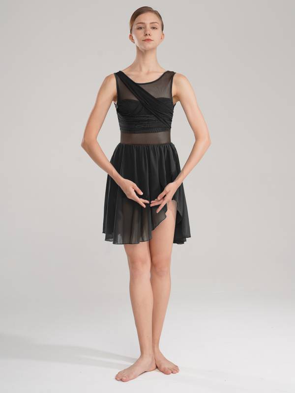 Women Sleeveless Asymmetric Chiffon Lyrical Dance Leotard Dress thumb