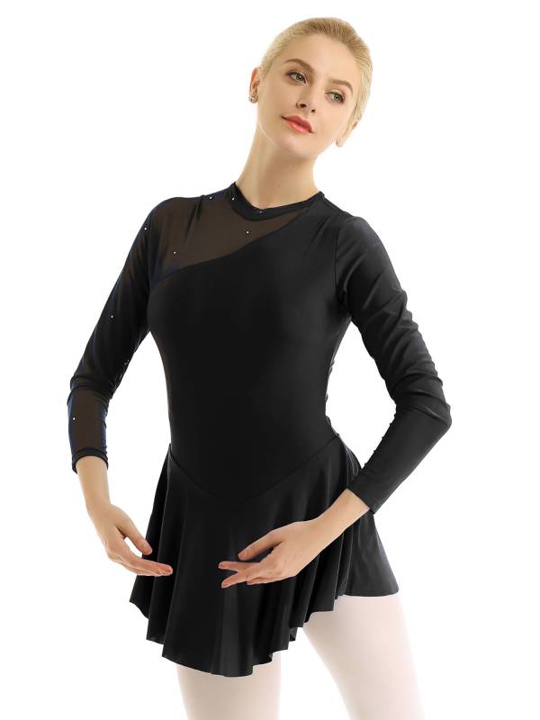 Women Long Sleeve Round Neck Hollow Back Skating Leotard Dress thumb