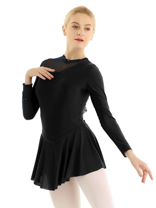 Women Long Sleeve Round Neck Hollow Back Skating Leotard Dress thumb