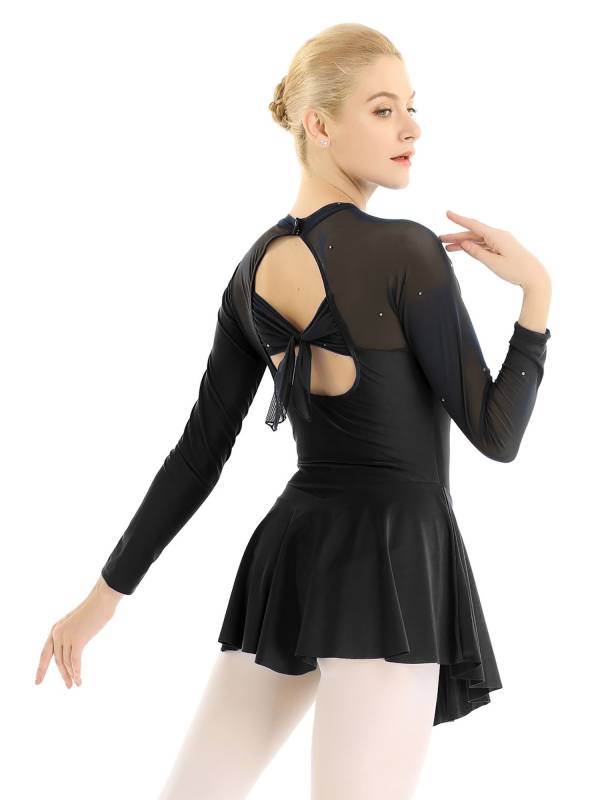 Women Long Sleeve Round Neck Hollow Back Skating Leotard Dress thumb