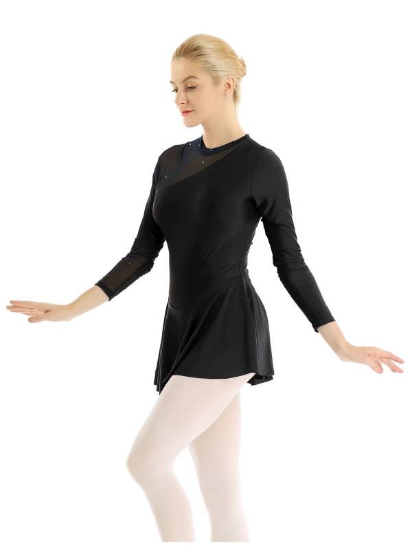 Women Long Sleeve Round Neck Hollow Back Skating Leotard Dress thumb