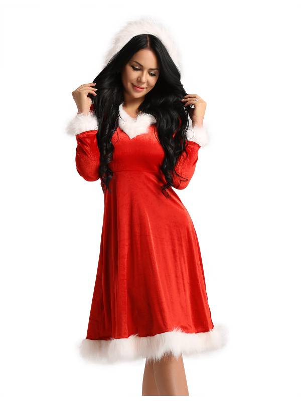 Women Christmas Velvet V-neck Long Sleeve Hooded A-line Dress thumb