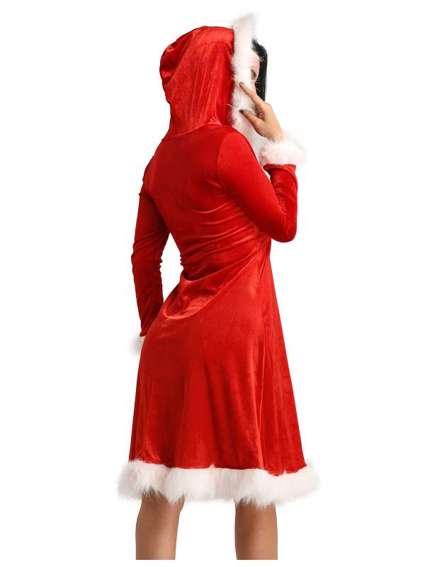 Women Christmas Velvet V-neck Long Sleeve Hooded A-line Dress thumb