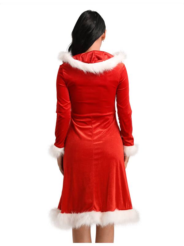 Women Christmas Velvet V-neck Long Sleeve Hooded A-line Dress thumb