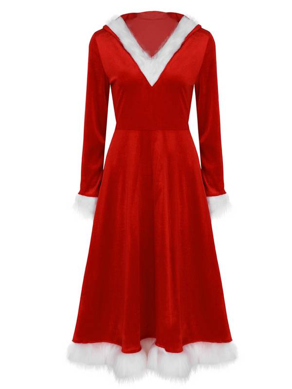 Women Christmas Velvet V-neck Long Sleeve Hooded A-line Dress thumb