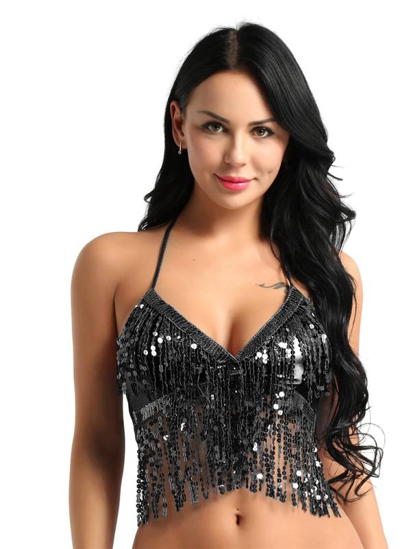 Women Halter Neck and Back Tie Up Sequins Latin Belly Dance Bra Top thumb