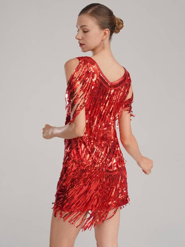 Women Sleeveless Sequin Tassels Ballroom Latin Dance Dress thumb