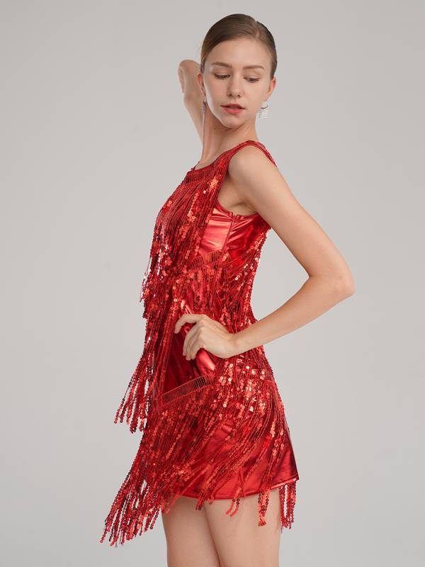 Women Sleeveless Sequin Tassels Ballroom Latin Dance Dress thumb