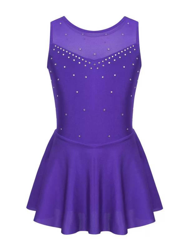 Kids Girls Sleeveless Sparkly Rhinestone Tulle Skating Leotard Dress thumb