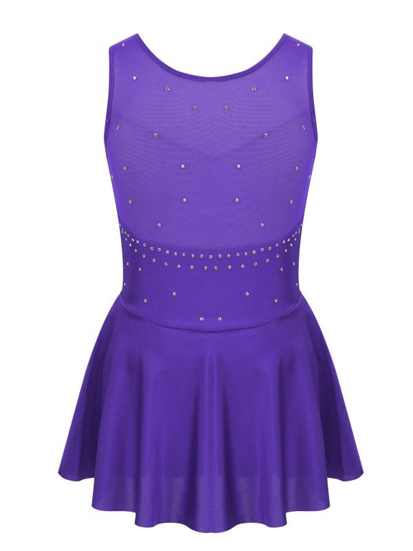 Kids Girls Sleeveless Sparkly Rhinestone Tulle Skating Leotard Dress thumb