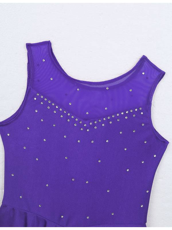 Kids Girls Sleeveless Sparkly Rhinestone Tulle Skating Leotard Dress thumb