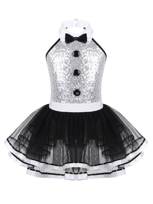 Kids Girls Sleeveless Sequins Ballet Dance Leotard Mesh Tutu Dress thumb