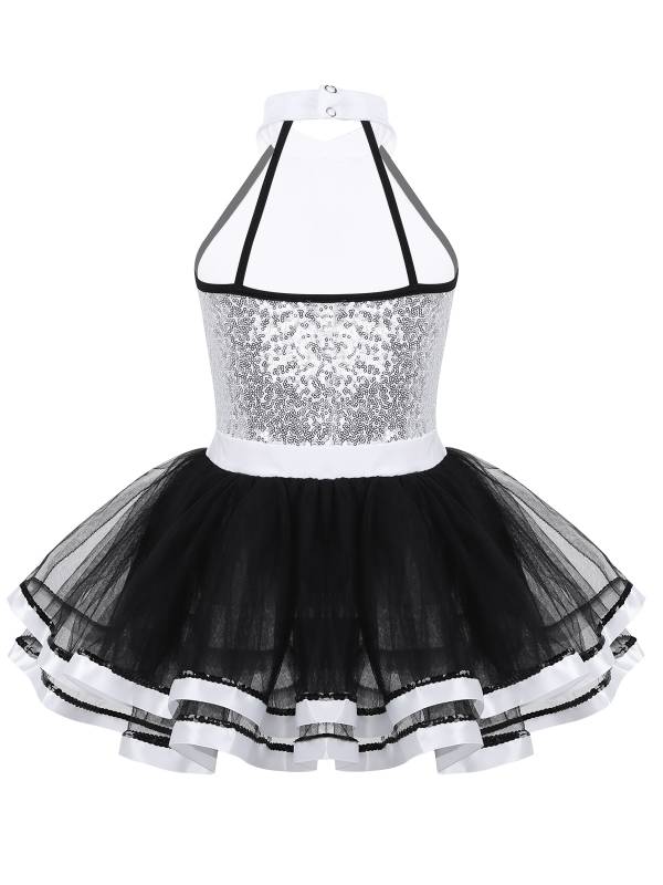 Kids Girls Sleeveless Sequins Ballet Dance Leotard Mesh Tutu Dress thumb