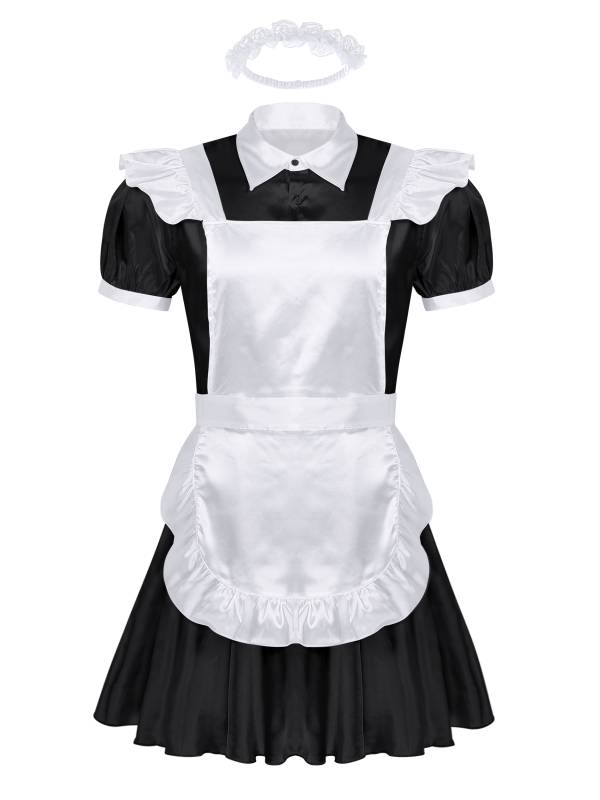 Men Puff Sleeve Dress with Apron and Headband Sissy Maid Cosplay Costumes thumb