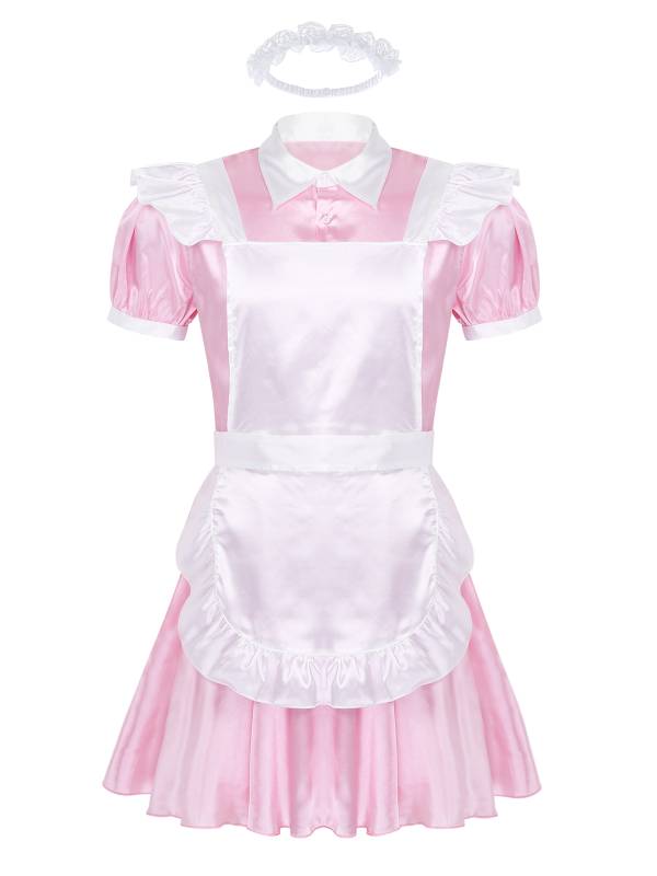 Men Puff Sleeve Dress with Apron and Headband Sissy Maid Cosplay Costumes thumb