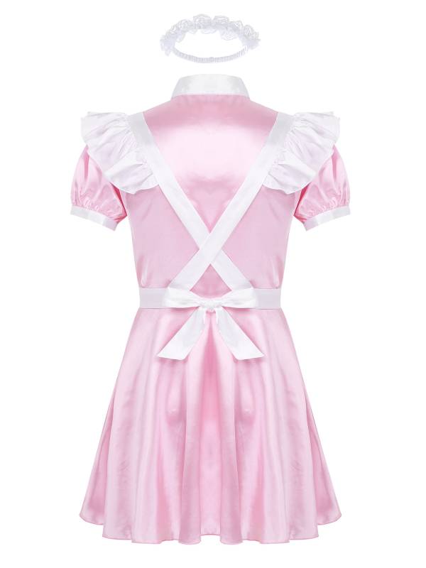 Men Puff Sleeve Dress with Apron and Headband Sissy Maid Cosplay Costumes thumb