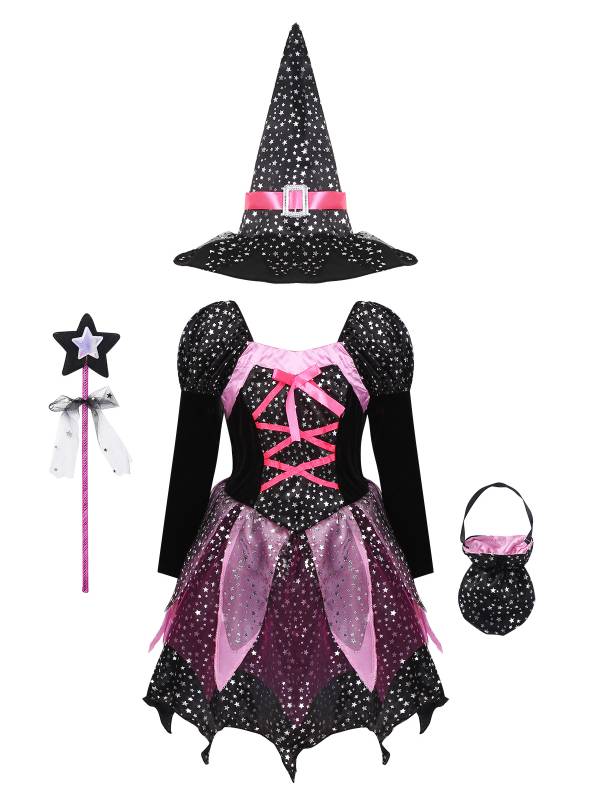 Kids Girls Halloween Long Sleeve Stars Dress with Hat Bag Witch Costume thumb