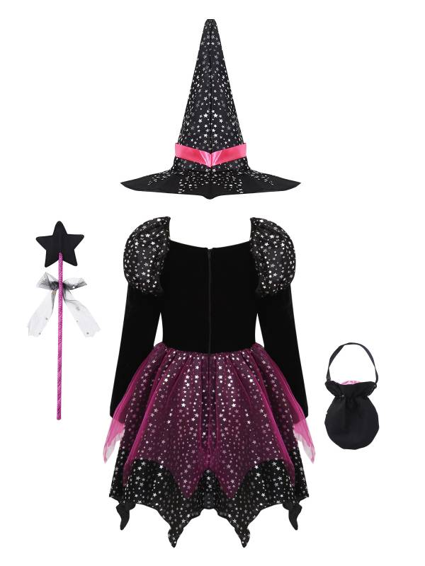 Kids Girls Halloween Long Sleeve Stars Dress with Hat Bag Witch Costume thumb