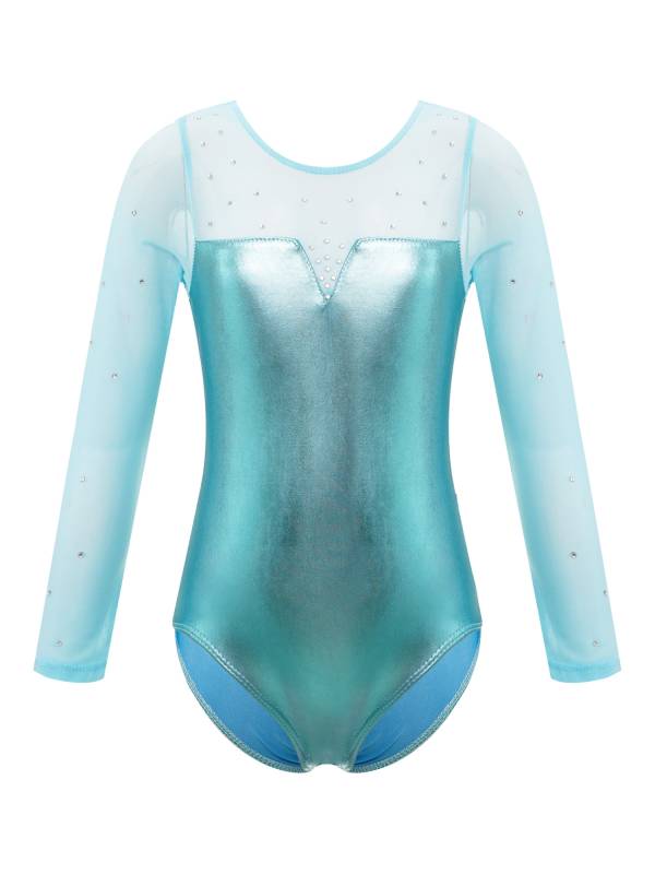 Kids Girls Long Sleeve Rhinestone Decor Metallic Gymnastics Leotard thumb