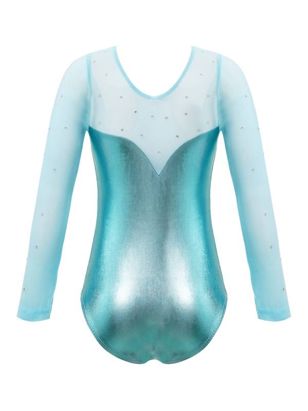 Kids Girls Long Sleeve Rhinestone Decor Metallic Gymnastics Leotard thumb