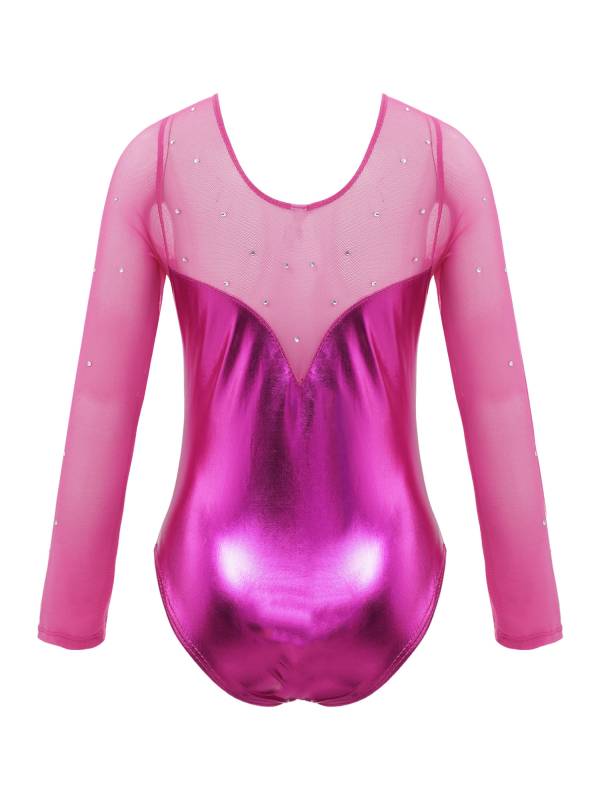 Kids Girls Long Sleeve Rhinestone Decor Metallic Gymnastics Leotard thumb