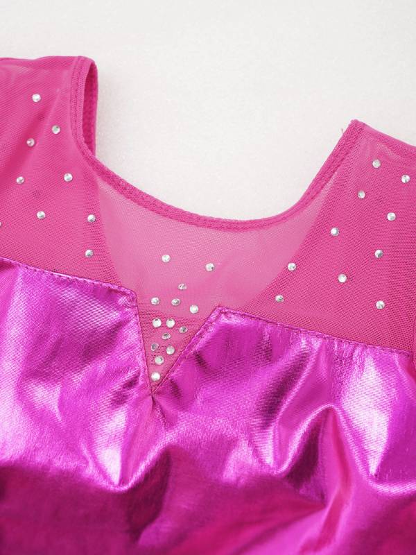 Kids Girls Long Sleeve Rhinestone Decor Metallic Gymnastics Leotard thumb