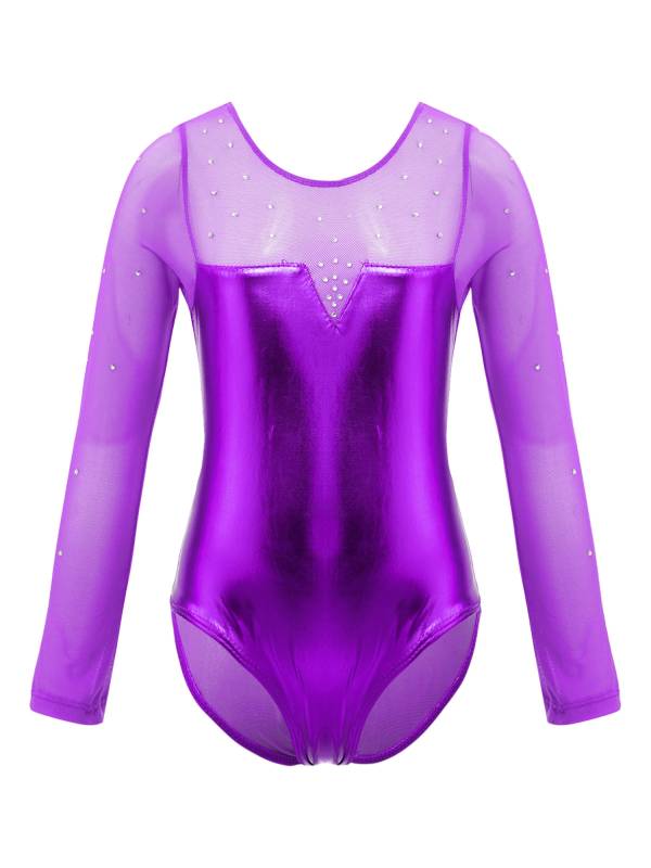 Kids Girls Long Sleeve Rhinestone Decor Metallic Gymnastics Leotard thumb