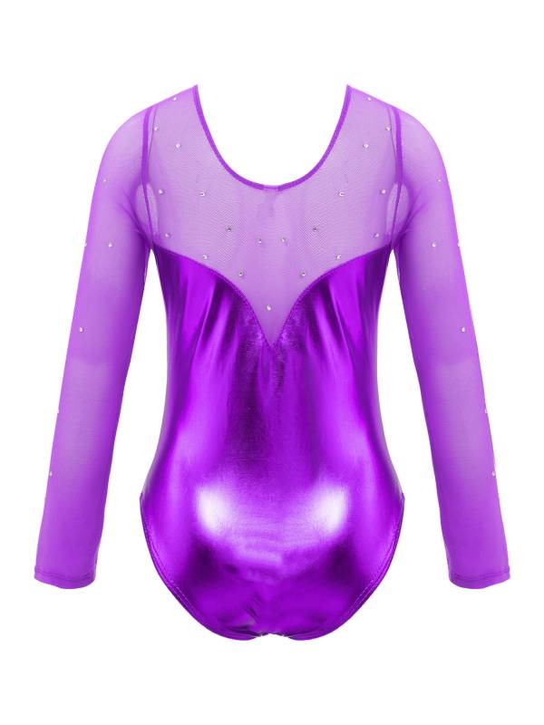 Kids Girls Long Sleeve Rhinestone Decor Metallic Gymnastics Leotard thumb