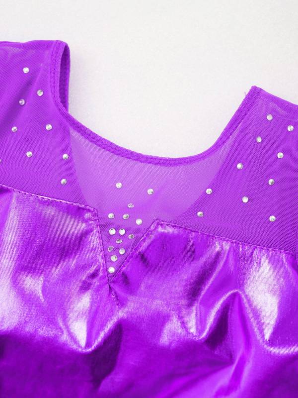 Kids Girls Long Sleeve Rhinestone Decor Metallic Gymnastics Leotard thumb