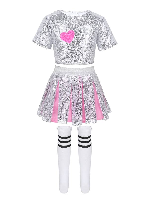 Kids Girls Sequins Short Sleeves Crop Top with Skirt Socks Dance Set thumb