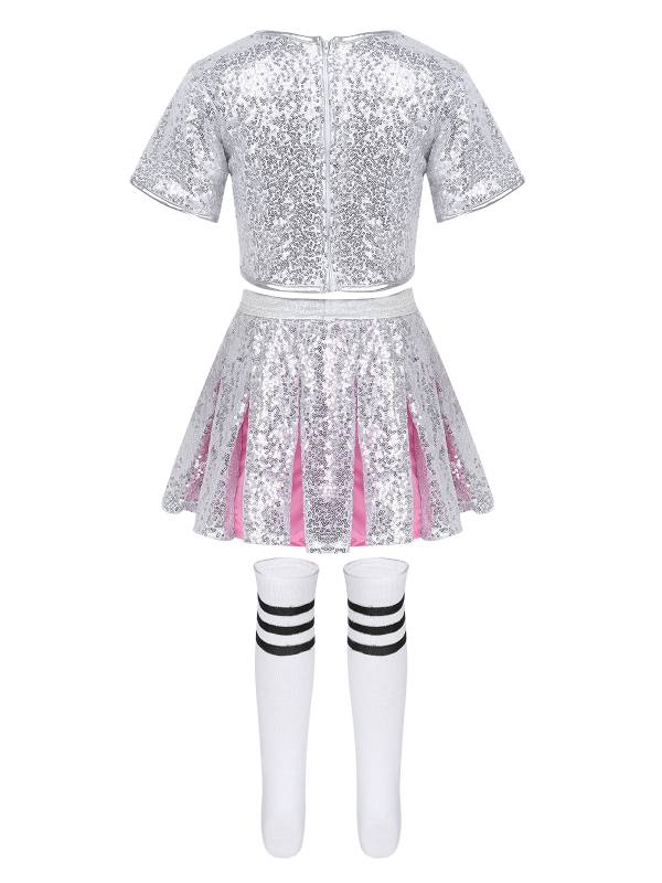 Kids Girls Sequins Short Sleeves Crop Top with Skirt Socks Dance Set thumb