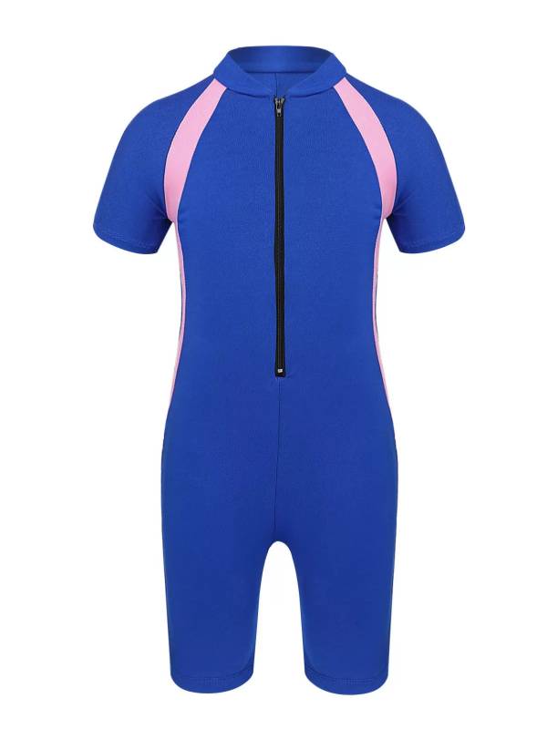 Kids Girls One-piece Rash Guard Short Sleeves Zippered Swimsuit thumb