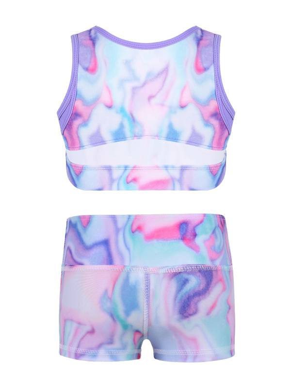 Kids Girls 2pcs Sleeveless Tie-Dye Crop Top and High Waist Shorts Sports Set thumb