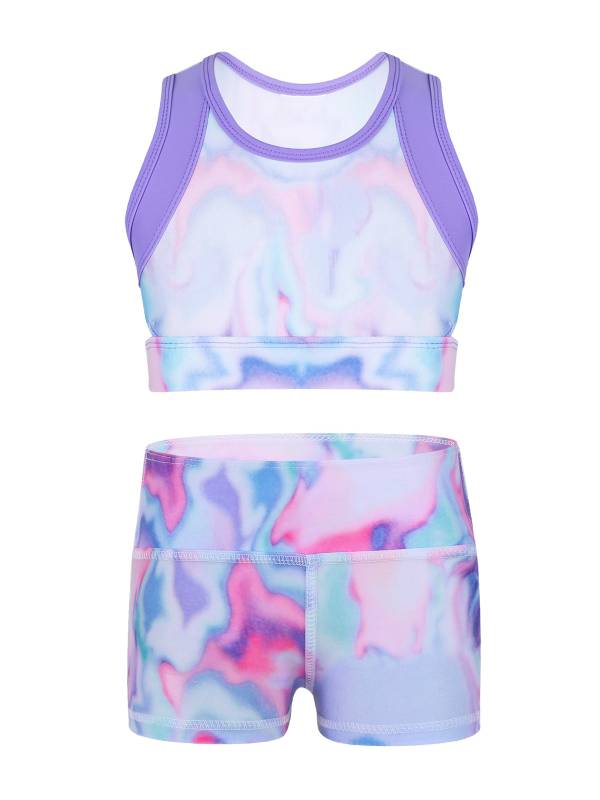 Kids Girls 2pcs Sleeveless Tie-Dye Crop Top and High Waist Shorts Sports Set thumb